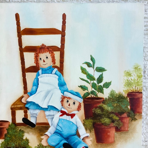 Vintage Raggedy Ann and Andy Large Oil Painting Canvas Initials On Back 18x24” - Picture 4 of 13